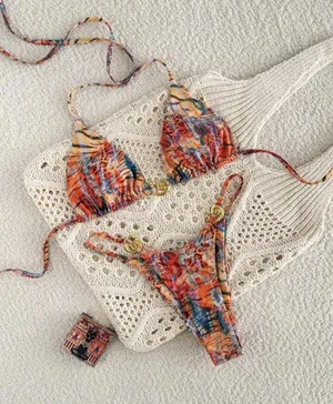 NWT Animal Print String Bikini Set Gold Hardware 2 Piece Swimsuit Medium thumbnail 1
