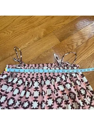 LOFT Geometric Print Linen blend Smocked Swing Tank Top Pink White Brown Size L thumbnail 7