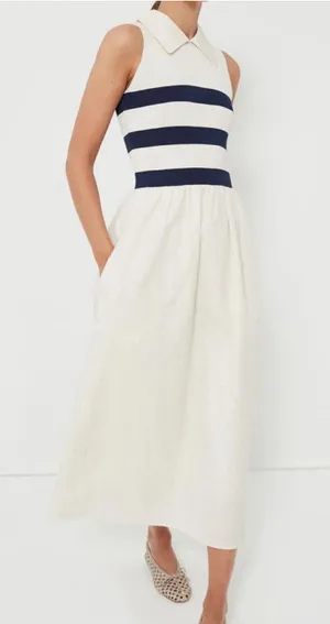 Tuckernuck Ivory Stripe Marina Midi Dress Small Collared Coastal Nautical Prep thumbnail 1