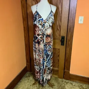 Lani Boho Plunging Maxi Dress Crochet Back Earthy Festival Hippie Chic Size M thumbnail 9