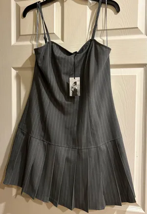 Sincerely Jules Pinstripe Pleated Drop-Waist 90s Vintage Aesthetic Mini Dress L thumbnail 10