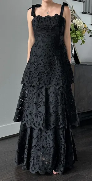 MESTIZA Cataleya Lace Floral Eyelet Tie Straps Black Midi Dress Sample thumbnail 1
