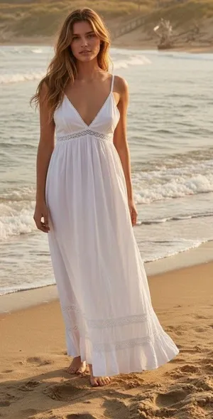 Saint Tropez White Cotton Boho Maxi Dress Lace Trim Strappy Lined Size M thumbnail 1