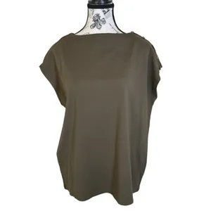 Women's Olive Green Blouse Size L Boat Neck Cap Sleeve Button Shoulder Relaxed thumbnail 2