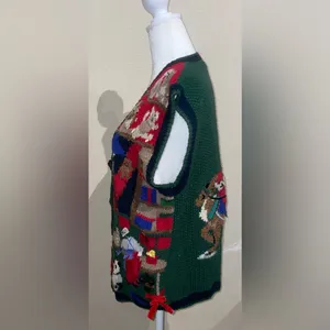 Heirlooms Womens Size S Vintage Green Christmas Sweater Vest Handknit Teddy Bear thumbnail 7