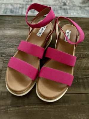 Steve Madden Bandi Fuchsia Pink Elastic Strap Cork Platform Wedge Sandals Sz 9.5 thumbnail 3