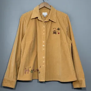 Country Grandma Size Large Yellow Embroidered Corduroy Shirt Autumn Harvest Fall thumbnail 1