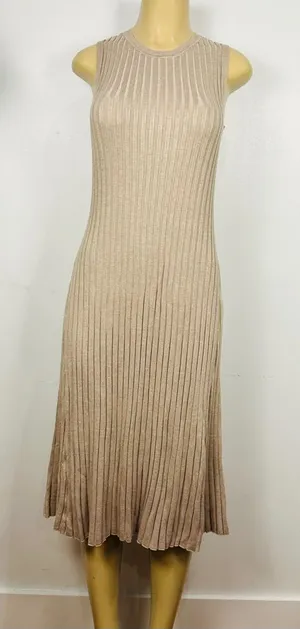 A New Day Wide Ribbed Sweater Midi Dress Sz L Sleeveless Fit Flare Beige thumbnail 1