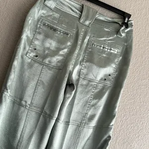 NEW Free People Ryder Pants L Metallic Silver Satin Moto Crop Vegan Shiny Green thumbnail 12