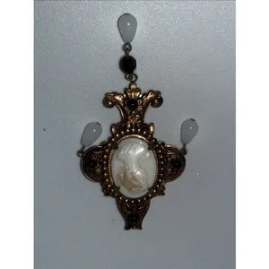 Vintage Victorian Revival Cameo Dangle Brooch Faux Pearl Unmarked thumbnail 2