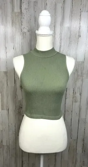 Zara Women's‎ XS Green Ribbed Knit Crop Top Mock Neck Sleeveless Casual Tank thumbnail 1
