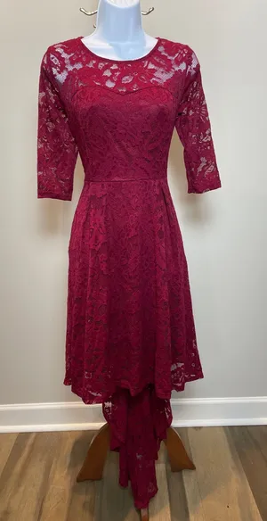Anette NWT Small Red Wine Lace Dress High Low Hem Sheer Sleeves Lined thumbnail 1