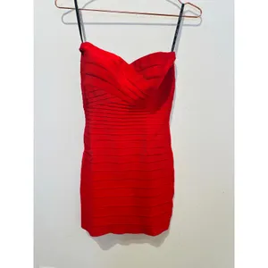 HERVE LEGER Fire Red Isla Signature Bandage Strapless Sleek Sculpted Dress sz S thumbnail 2