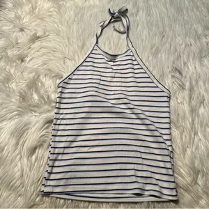 American Eagle Womens Size XS Halter Top White Navy Blue Stripes Textured Cotton thumbnail 2
