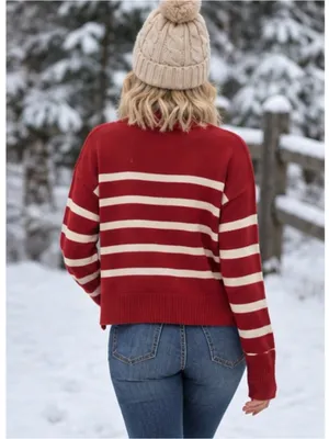 La Miel Red & Cream Striped Dolman Sleeve Preppy Mock Neck Sweater Small New thumbnail 3