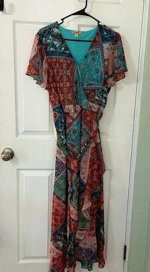 One World Woven Chiffon Ruffle Mixed Patchwork Knit Lined Midi Dress Women's XL thumbnail 1
