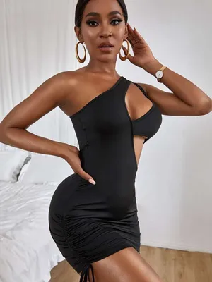 Sexy Black One-Shoulder Cutout Bodycon Mini Dress W/ Ruched Side size 6 thumbnail 1