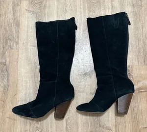 COCONUTS | Women's Black Leather Suede Knee High Chunky Heel Boots‎ thumbnail 1