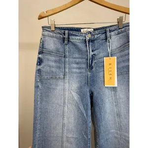 Risen Wide Leg Jeans (Light Wash, Distressed, 32” Inseam) Sz15/32 NWT thumbnail 3