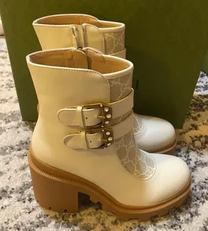 Gucci Kensington Calfskin Nappa GG Supreme Monogram Double Buckle Ankle Boots thumbnail 3