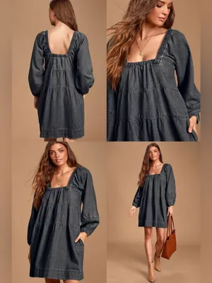 FREE PEOPLE Lou Jean Babydoll Dress in Black Grey Denim Oversized Boho Sz. S thumbnail 14