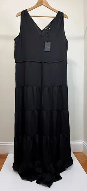 DKNY Black Tie Waist Tiered Maxi Dress Sz L NWT thumbnail 1