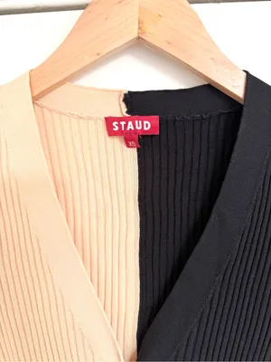 STAUD Shoko Two Tone Ribbed Button Down Midi Dress Colorblock Cream tan Black XS thumbnail 7