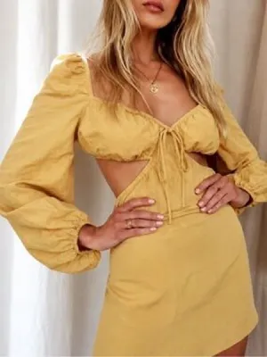 Kittenish mini dress long sleeve cutout vneck open back mustard butter tie front thumbnail 1
