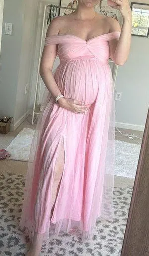 Pink Off The Shoulder Maternity Dress | Baby Shower Dress thumbnail 1