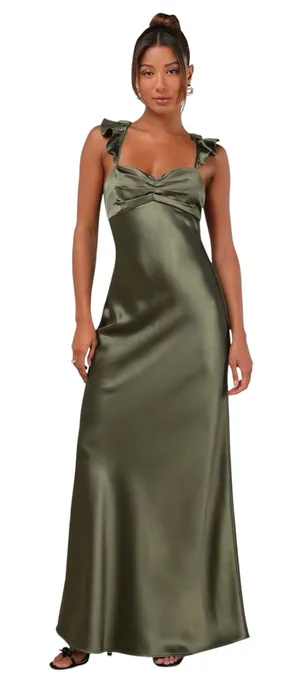 Lulus Exuberant Luxury Olive Green Satin Ruffled Lace-Up Maxi Dress size M NWT thumbnail 1