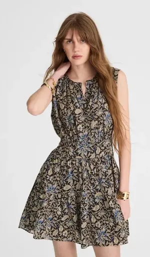 Madewell Amor Floral Mini Dress Size M NWT Cotton Sleeveless Blue Tan thumbnail 1