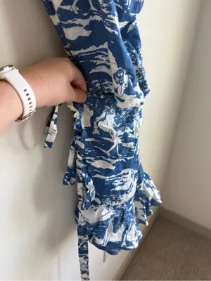 Reformation Toscana One Shoulder Wrap Linen Mini Dress Blue White Size 4 thumbnail 6