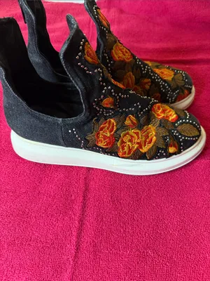 Jeffrey Campbell Black Slip-On Sneakers with Orange and Yellow Floral Embroidery thumbnail 3