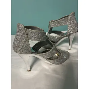 Silver‎ Slipper Sparkle Heels Front Zipper 7 Women's Reflective Heels S-340 thumbnail 6