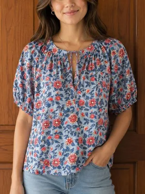 Loft Peasant Floral Top Tie Blouse Medium Blue Pink thumbnail 1