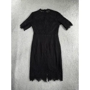 Black Lace Sheath Dress 8 Floral Mock‎ Neck S/S Eyelash Hem Whimsigoth Witchy thumbnail 2
