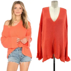 Free People La Brea Sweater V-Neck Ribbed Cuffed‎ Sleeve Coral Orange Size Large thumbnail 2