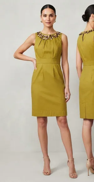 BODEN Embellished Sleeveless Sheath Dress 2P 16” p2p Olive $199 Retail EUC thumbnail 1