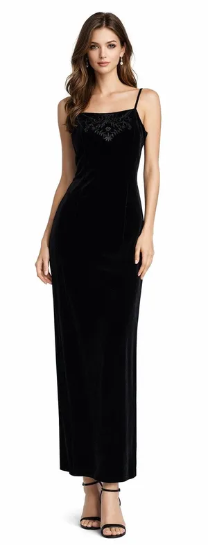 Dressbarn Collection 1990s Black Velvet Embroidered Gown formal sexy 6 thumbnail 1