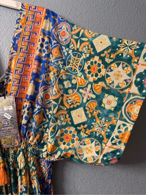 Floral silk maxi dress Geo-Print V-Neck in Teal and Orange nwt thumbnail 2