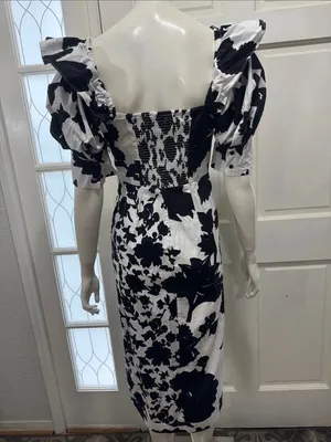 Christopher John Rogers 100% Cotton Black & White Puff-Sleeve Midi Dress Size 4 thumbnail 11