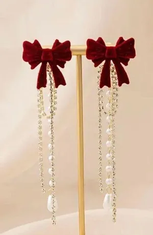 Elegant Retro Bow & Tassel Drop Earrings Red thumbnail 1