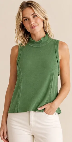 Pilcro Anthropologie Tank Top‎ Womens M Green Mock Neck Ribbed Raw Edge Boho thumbnail 1