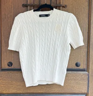 Ralph Lauren Off White Cable-Knit Short-Sleeve Sweater Top Size M thumbnail 1