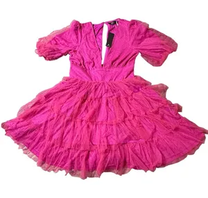 Lulus Dramatic Poise Hot Pink Dot Tulle Tiered Puff Sleeve Mini Dress M thumbnail 1