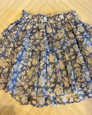 LoveShackFancy Blue White Floral Tiered Ruffle Mini Skirt Small thumbnail 1