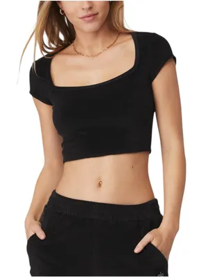 Alo Yoga Terry Beachside Short Sleeve Black Crop Top LARGE thumbnail 1