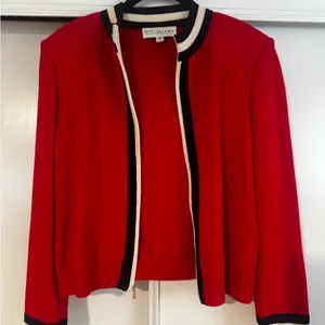St. John Collection Red Knit Open-Front Jacket with Black and Cream Trim thumbnail 2