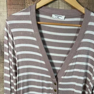 Zenana 1X Taupe Ivory Striped Snap Button Cardigan Soft Stretch Knit Ribbed Trim thumbnail 2