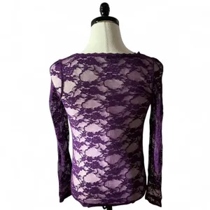 Bozzzo Y2K Purple‎ Lace Long Sleeve Scoop Neck Sheer Women Top Layering Shirt thumbnail 2